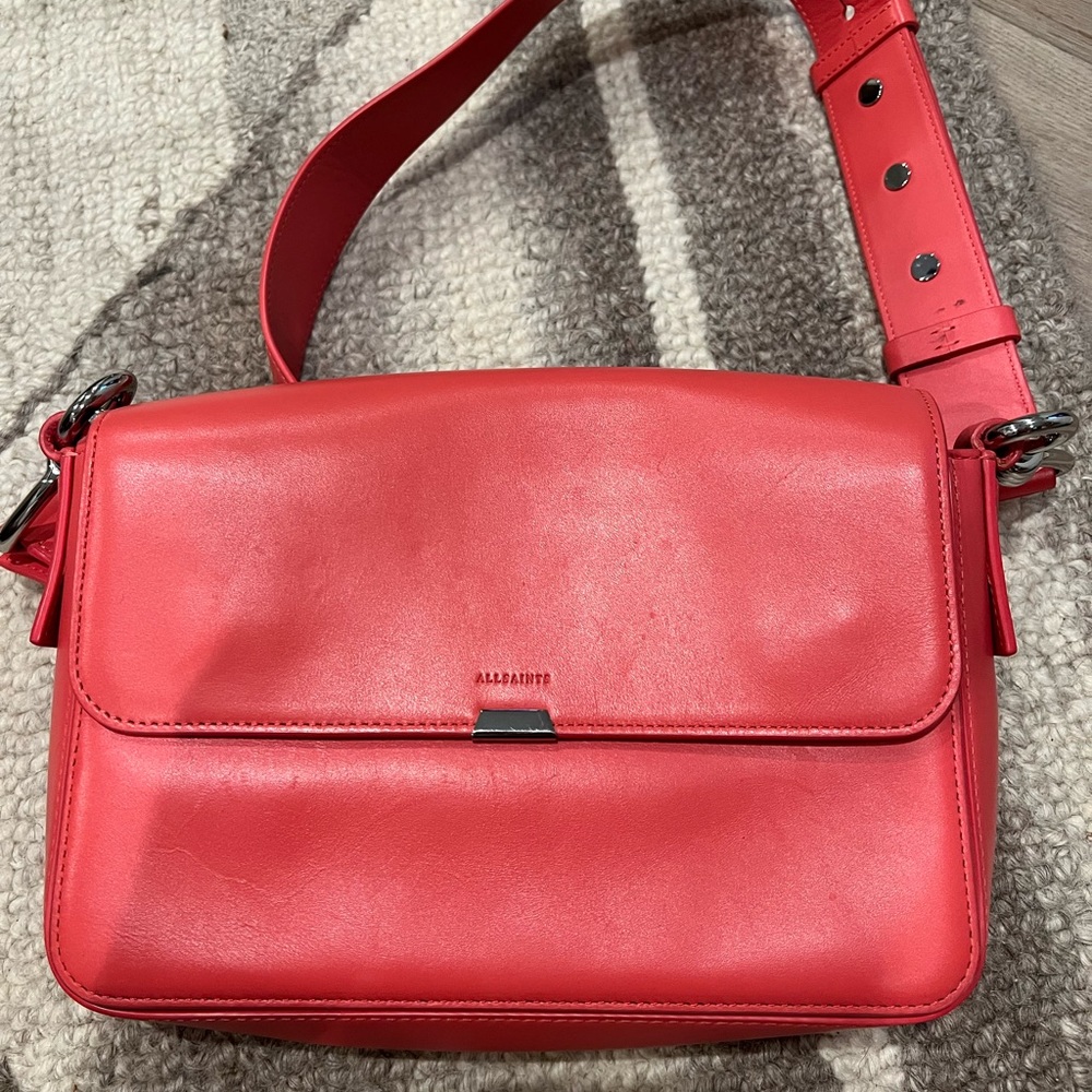 ALL SAINTS coral pink leather crossbody bag